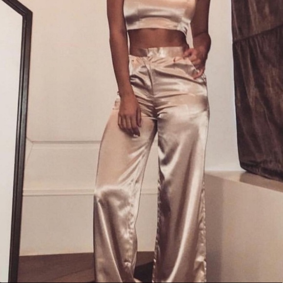 MESHKI ROSE PINK GOLD SATIN SATEEN WIDE LEG PANTS TROUSERS CHAMPAGNE MED BARBIE - Picture 2 of 14